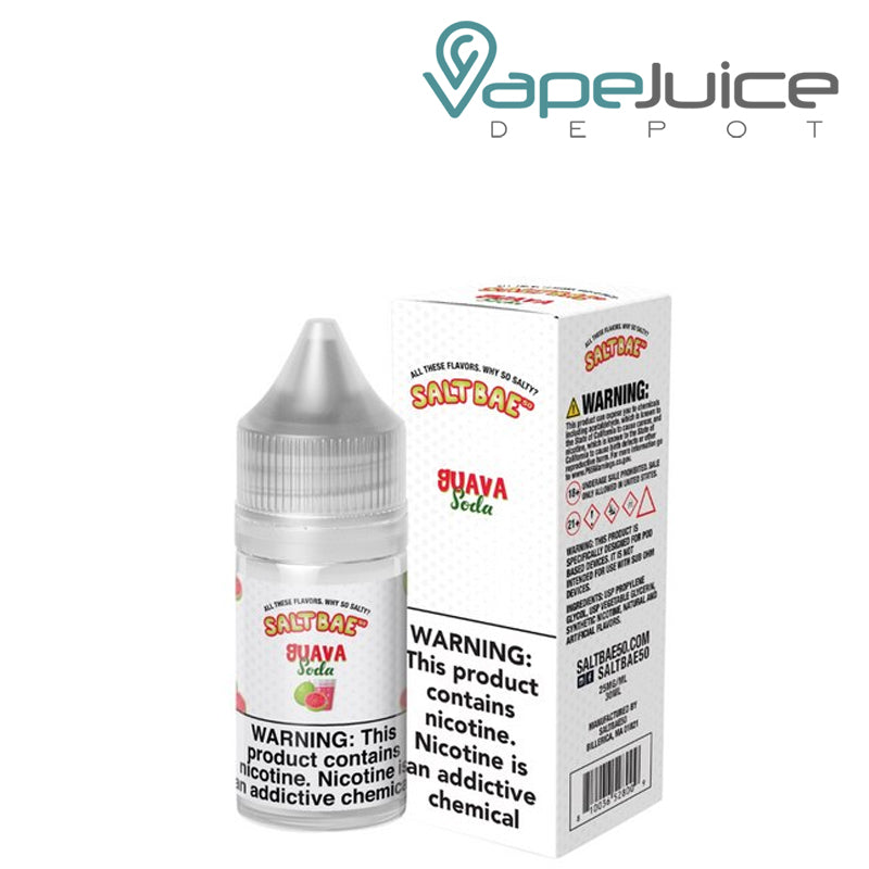 A 30ml bottle of Guava Soda SaltBae50 Salt and a box with a warning sign next to it - Vape Juice Depot