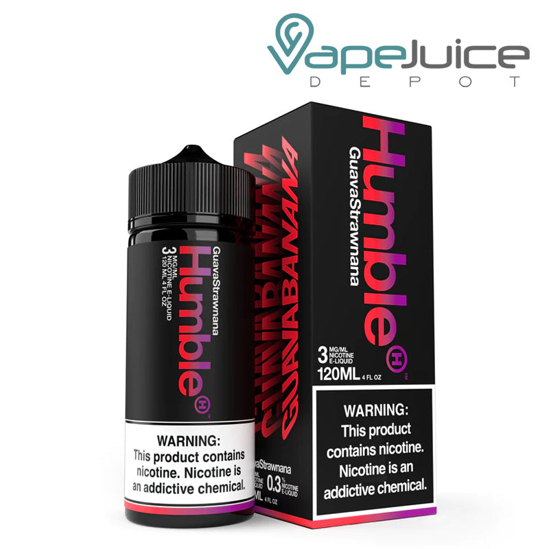 A 120ml bottle of Guava Strawnana TFN Humble eLiquid and a box with a warning sign next to it - Vape Juice Depot