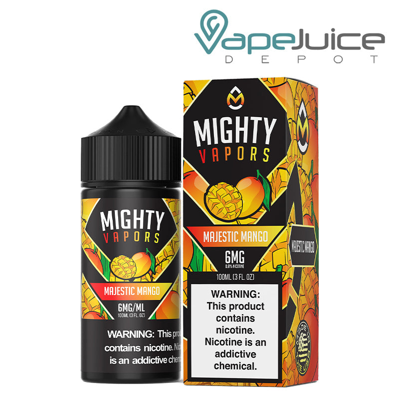 A 100ml bottle of Majestic Mango Mighty Vapors eLiquid and a box with a warning sign next to it - Vape Juice Depot