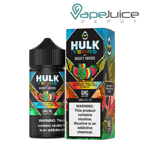 A 100ml bottle of Sour Belts Hulk Tears Mighty Vapors and a box with a warning sign next to it - Vape Juice Depot