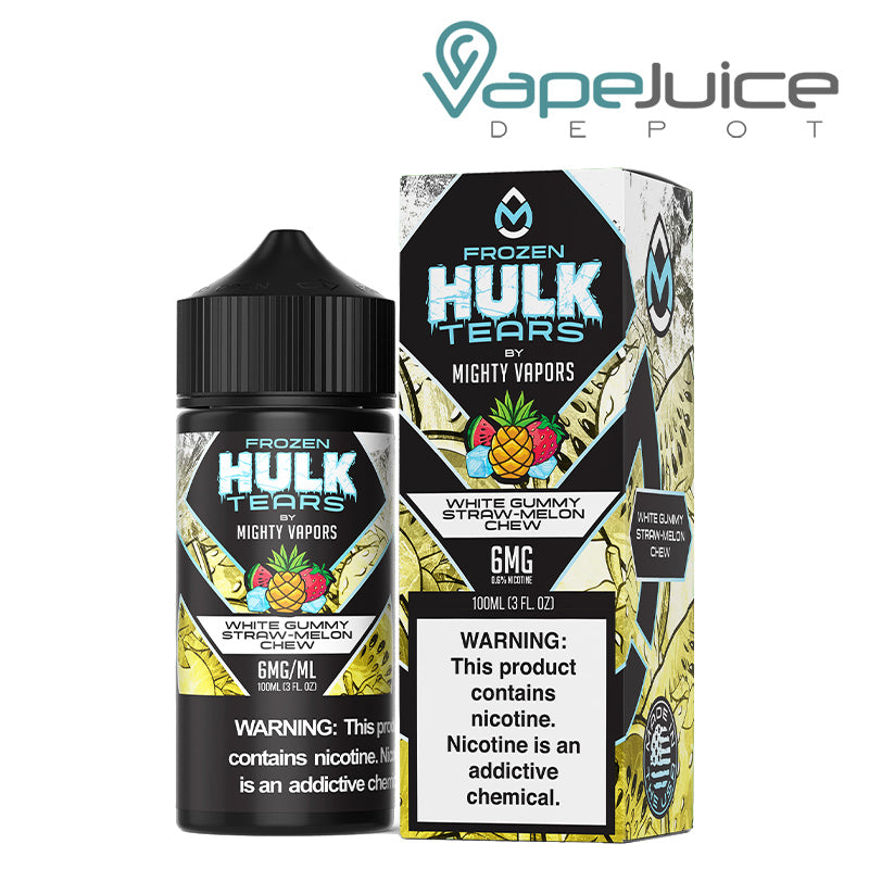 A 100ml bottle of Frozen White Gummy Hulk Tears Mighty Vapors and a box with a warning sign next to it - Vape Juice Depot