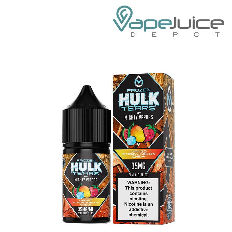 A 30ml bottle of Frozen Mango Hulk Tears Salts Mighty Vapors and a box with a warning sign next to it - Vape Juice Depot