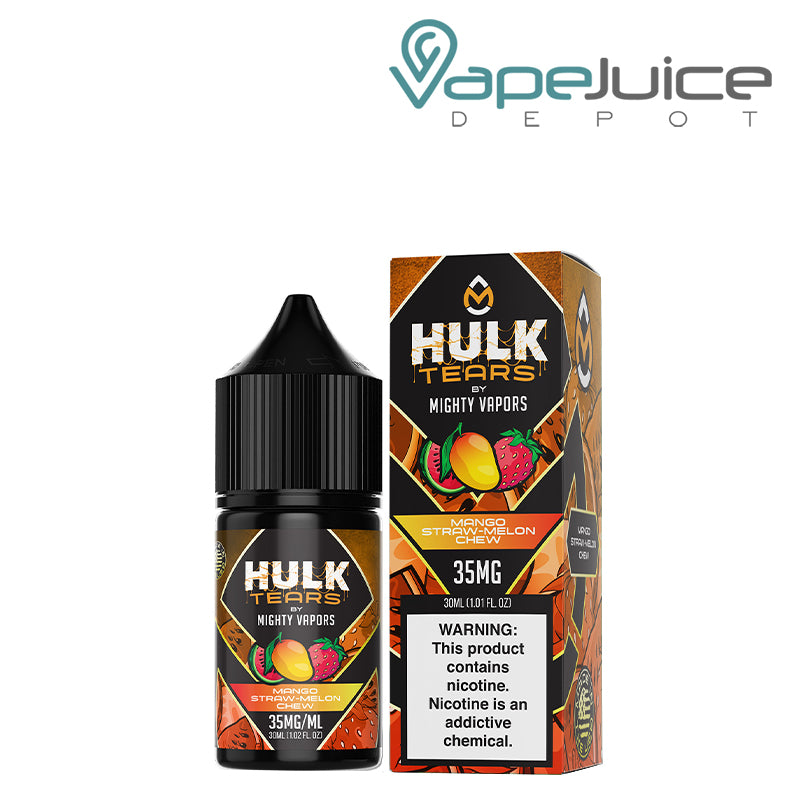 A 30ml bottle of Mango Hulk Tears Salts Mighty Vapors and a box with a warning sign next to it - Vape Juice Depot
