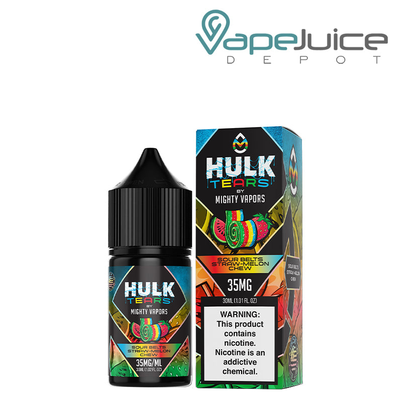 A 30ml bottle of Sour Belts Hulk Tears Salts Mighty Vapors and a box with a warning sign next to it - Vape Juice Depot