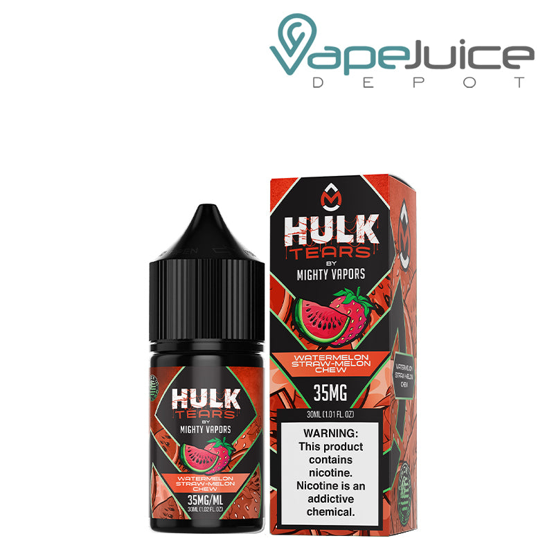 A 30ml bottle of Watermelon Hulk Tears Salts Mighty Vapors and a box with a warning sign next to it - Vape Juice Depot