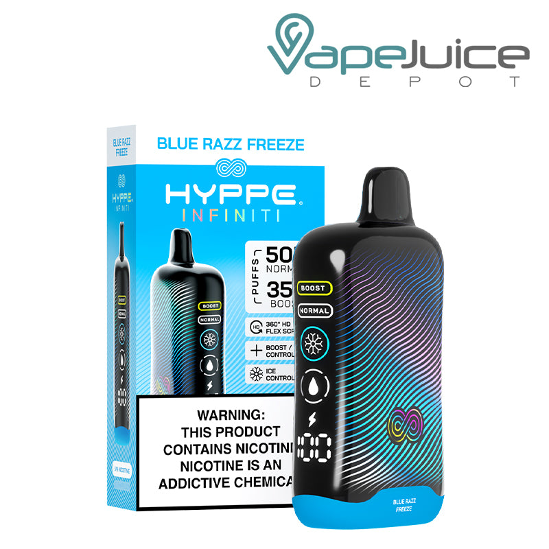A Box of Blue Razz Freeze HYPPE Infiniti 50K Disposable with a warning sign and a device with a full 360° screen next to it - Vape Juice Depot