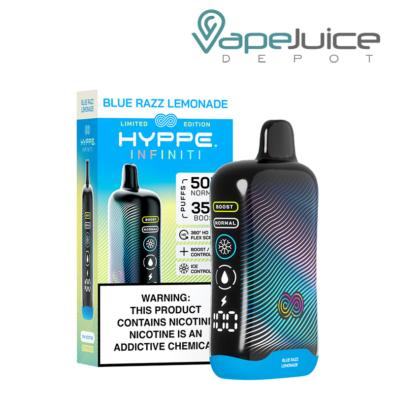A Box of Blue Razz Lemonade HYPPE Infiniti 50K Disposable with a warning sign and a device with a full 360° screen next to it - Vape Juice Depot