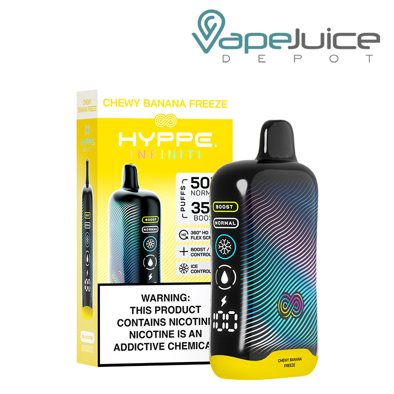 A Box of Chewy Banana Freeze HYPPE Infiniti 50K Disposable with a warning sign and a device with a full 360° screen next to it - Vape Juice Depot