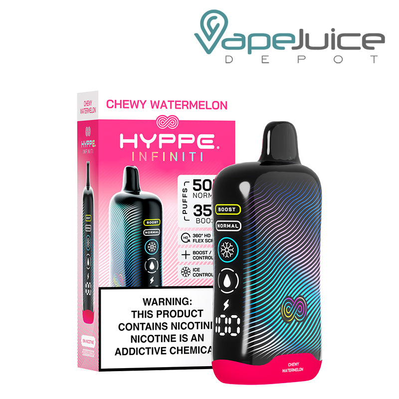 A Box of Chewy Watermelon HYPPE Infiniti 50K Disposable with a warning sign and a device with a full 360° screen next to it - Vape Juice Depot