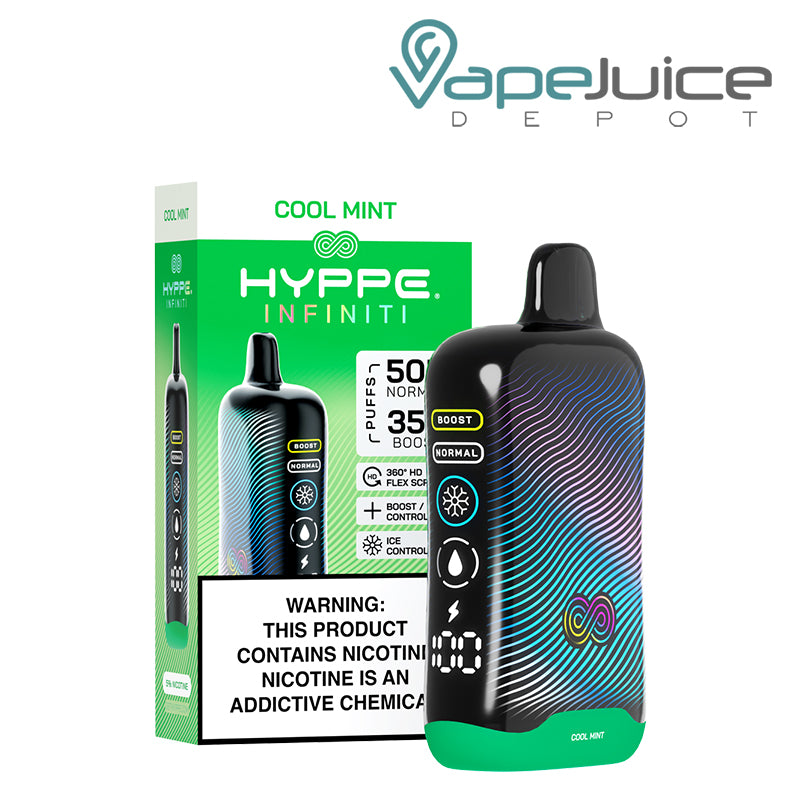 A Box of Cool Mint HYPPE Infiniti 50K Disposable with a warning sign and a device with a full 360° screen next to it - Vape Juice Depot