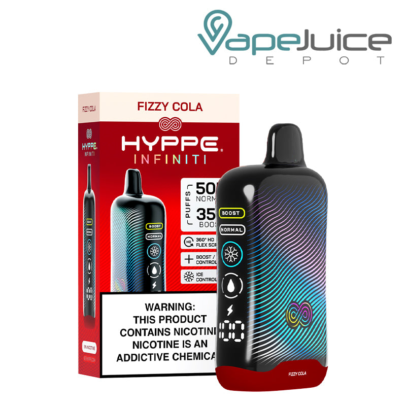 A Box of Fizzy Cola HYPPE Infiniti 50K Disposable with a warning sign and a device with a full 360° screen next to it - Vape Juice Depot