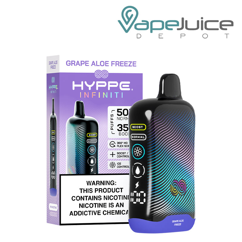 A Box of Grape Aloe Freeze HYPPE Infiniti 50K Disposable with a warning sign and a device with a full 360° screen next to it - Vape Juice Depot