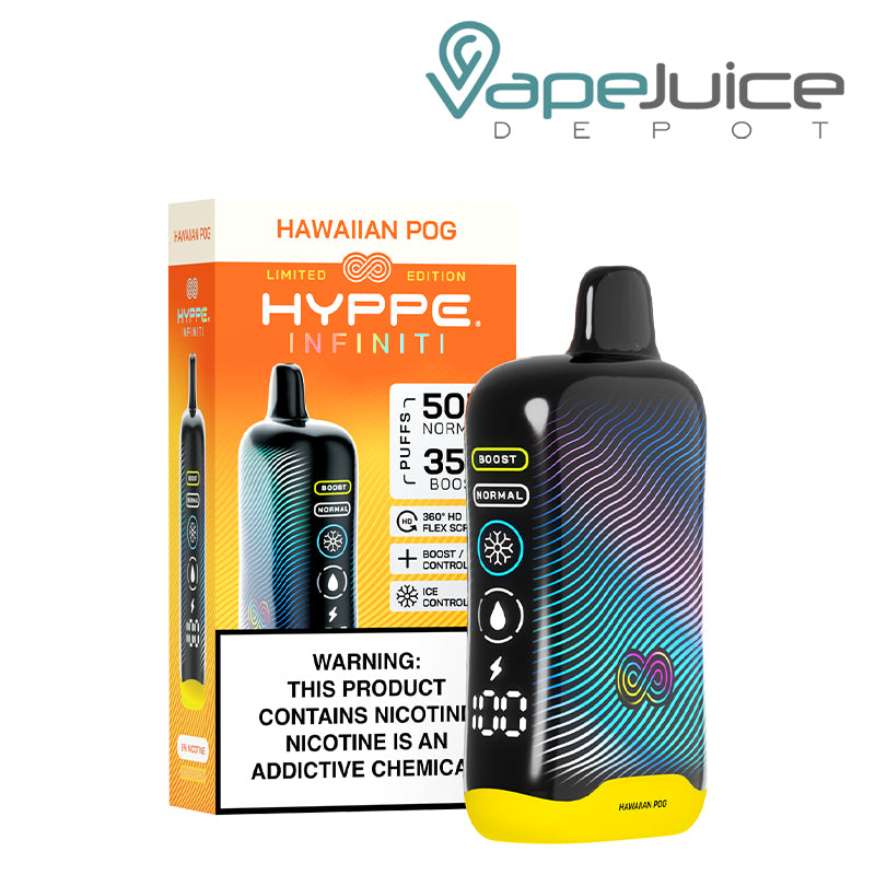 A Box of Hawaiian Pog HYPPE Infiniti 50K Disposable with a warning sign and a device with a full 360° screen next to it - Vape Juice Depot