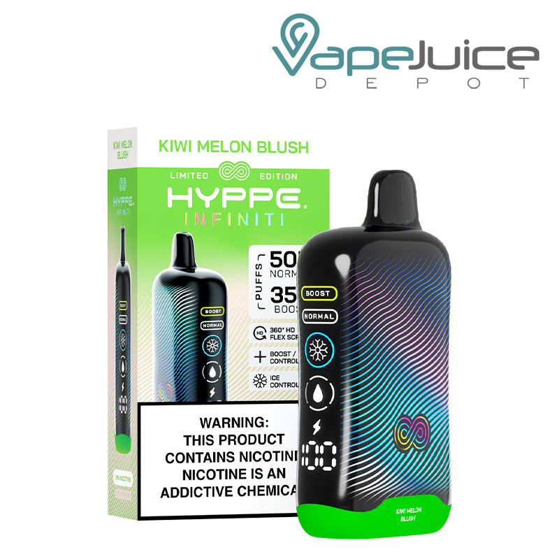 A Box of Kiwi Melon Blush HYPPE Infiniti 50K Disposable with a warning sign and a device with a full 360° screen next to it - Vape Juice Depot