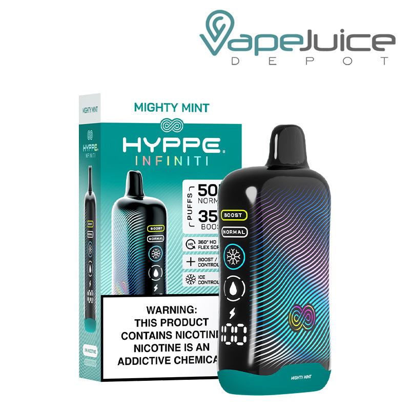 A Box of Mighty Mint HYPPE Infiniti 50K Disposable with a warning sign and a device with a full 360° screen next to it - Vape Juice Depot