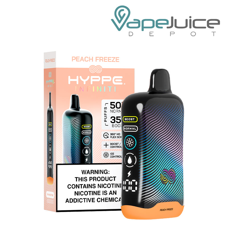 A Box of Peach Freeze HYPPE Infiniti 50K Disposable with a warning sign and a device with a full 360° screen next to it - Vape Juice Depot