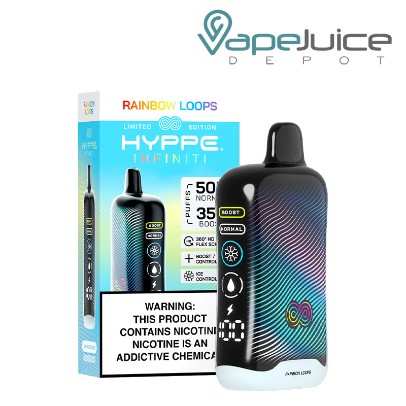 A Box of Rainbow Loops HYPPE Infiniti 50K Disposable with a warning sign and a device with a full 360° screen next to it - Vape Juice Depot