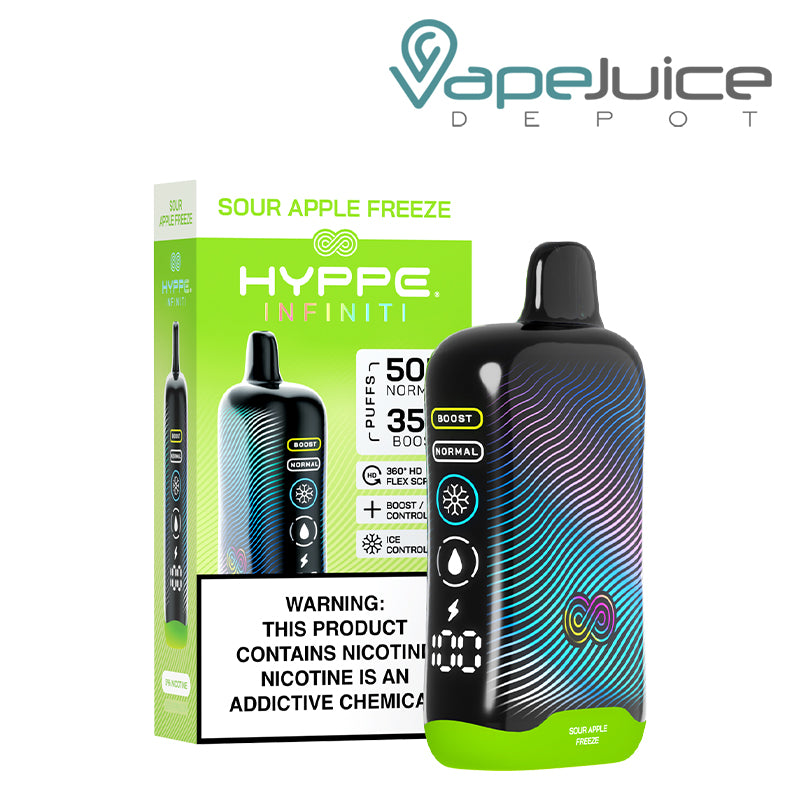 A Box of Sour Apple Freeze HYPPE Infiniti 50K Disposable with a warning sign and a device with a full 360° screen next to it - Vape Juice Depot
