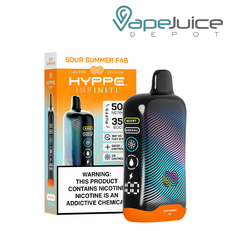 A Box of Sour Summer Fab HYPPE Infiniti 50K Disposable with a warning sign and a device with a full 360° screen next to it - Vape Juice Depot