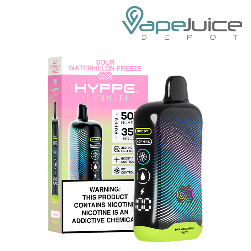 A Box of Sour Watermelon Freeze HYPPE Infiniti 50K Disposable with a warning sign and a device with a full 360° screen next to it - Vape Juice Depot