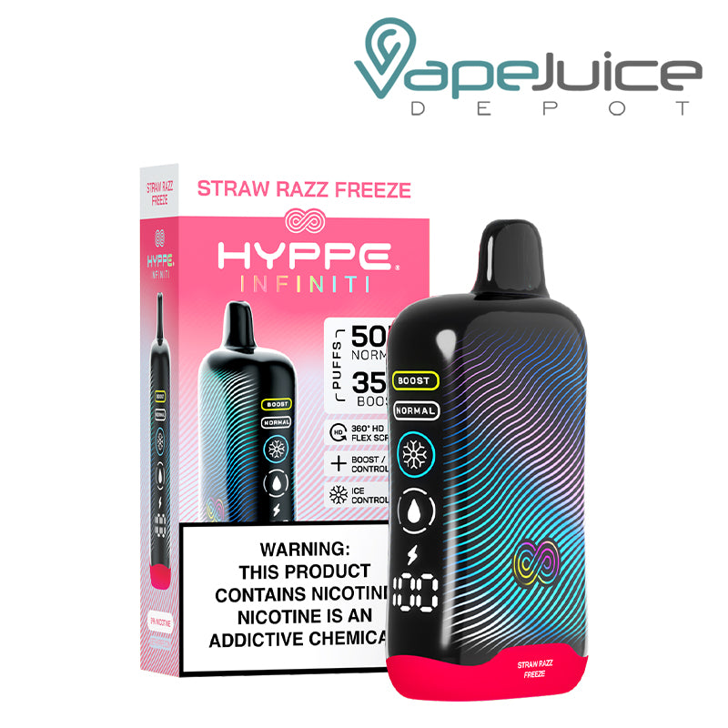 A Box of Straw Razz Freeze HYPPE Infiniti 50K Disposable with a warning sign and a device with a full 360° screen next to it - Vape Juice Depot