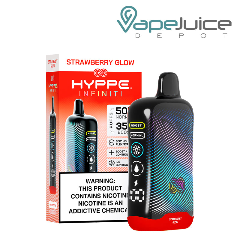 A Box of Strawberry Glow HYPPE Infiniti 50K Disposable with a warning sign and a device with a full 360° screen next to it - Vape Juice Depot