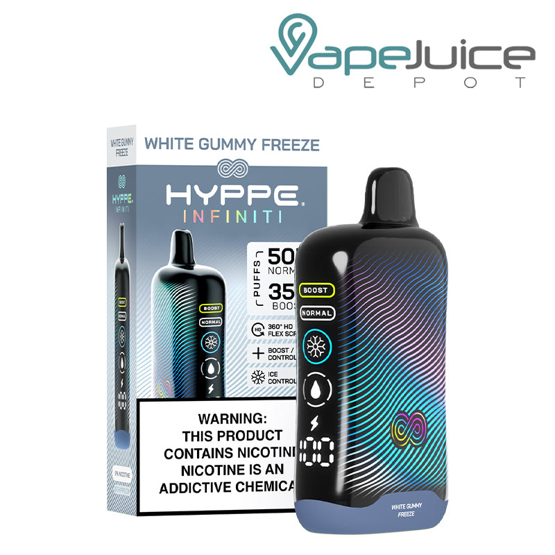 A Box of White Gummy Freeze HYPPE Infiniti 50K Disposable with a warning sign and a device with a full 360° screen next to it - Vape Juice Depot