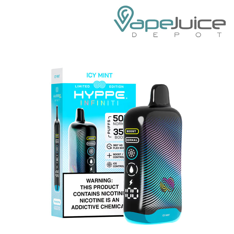 A Box of Icy Mint HYPPE Infiniti 50K Disposable with a warning sign and a device with a full 360° screen next to it - Vape Juice Depot