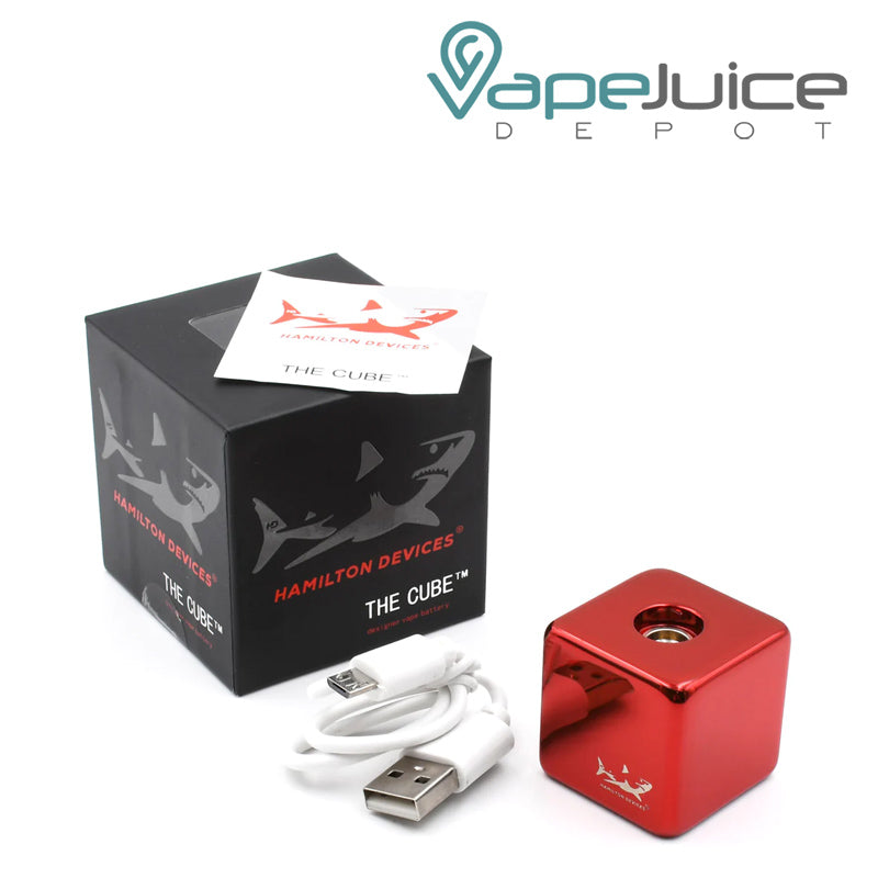 A box of Hamilton CUBE Vaporizer Battery, USB cable and the device next to it - Vape Juice Depot