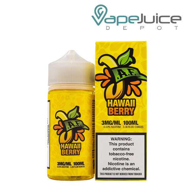 A 100ml bottle of Hawaii Berry Juicy AF TFN eLiquid and a box with a warning sign next to it - Vape Juice Depot