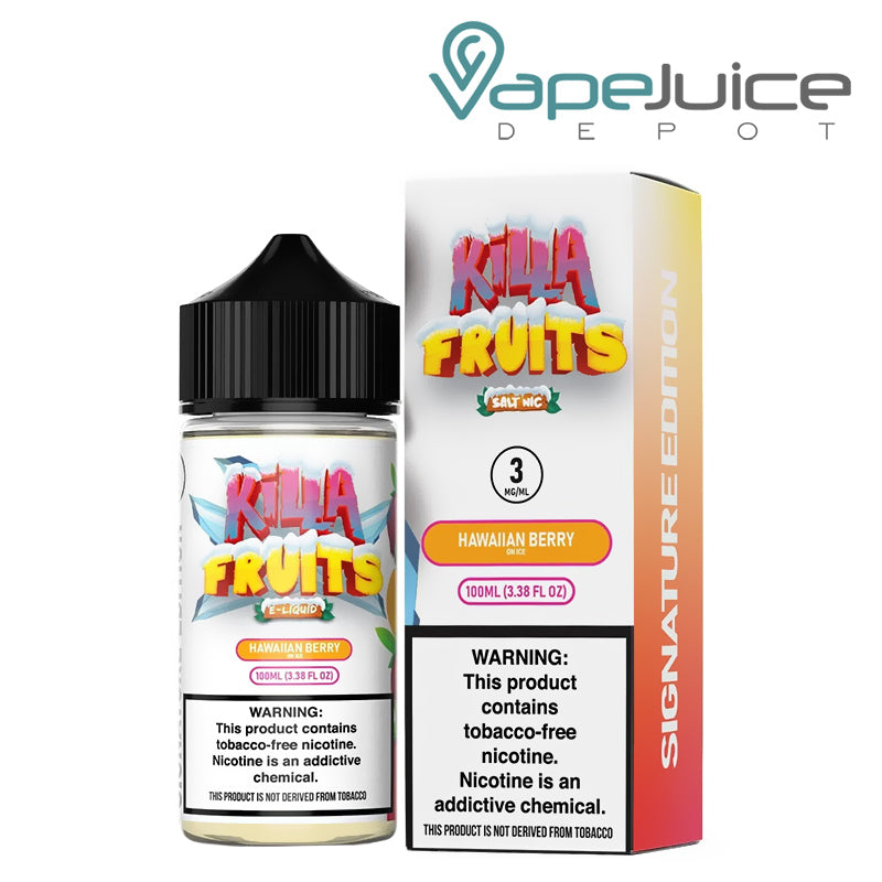 A 100ml bottle of Hawaiian Berry On Ice Killa Fruits Signature TFN Series and a box with a warning sign next to it - Vape Juice Depot