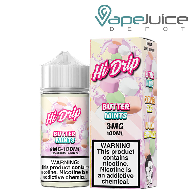 A 100ml bottle of Butter Mints Hi Drip eLiquid 3mg and a box with a warning sign next to it - Vape Juice Depot