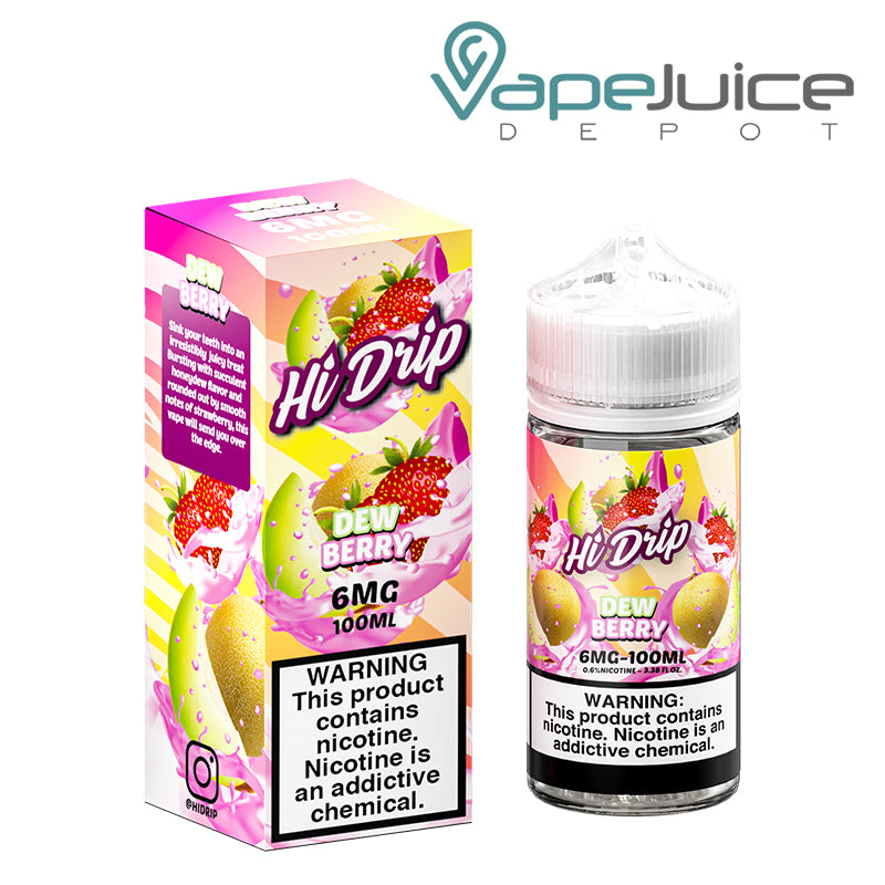 A box of Dew Berry Hi-Drip eLiquid with a warning sign and a 100ml bottle 6mg next to it - Vape Juice Depot