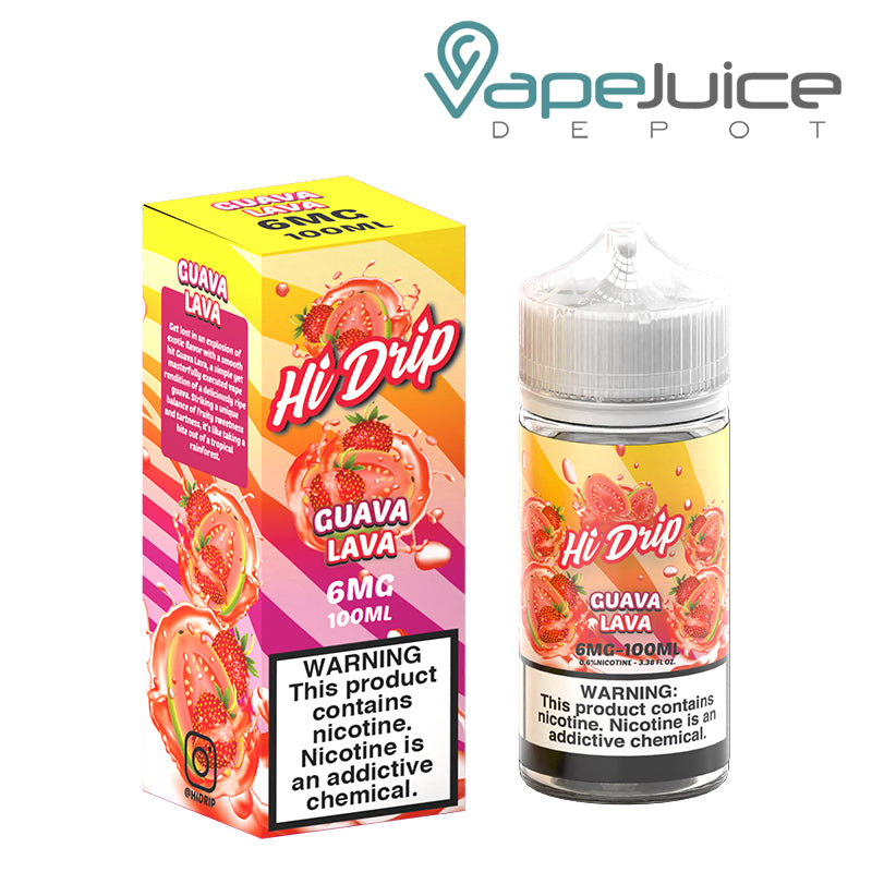 A box of 6mg Guava Lava Hi-Drip eLiquid with a warning sign and a 100ml bottle next to it - Vape Juice Depot