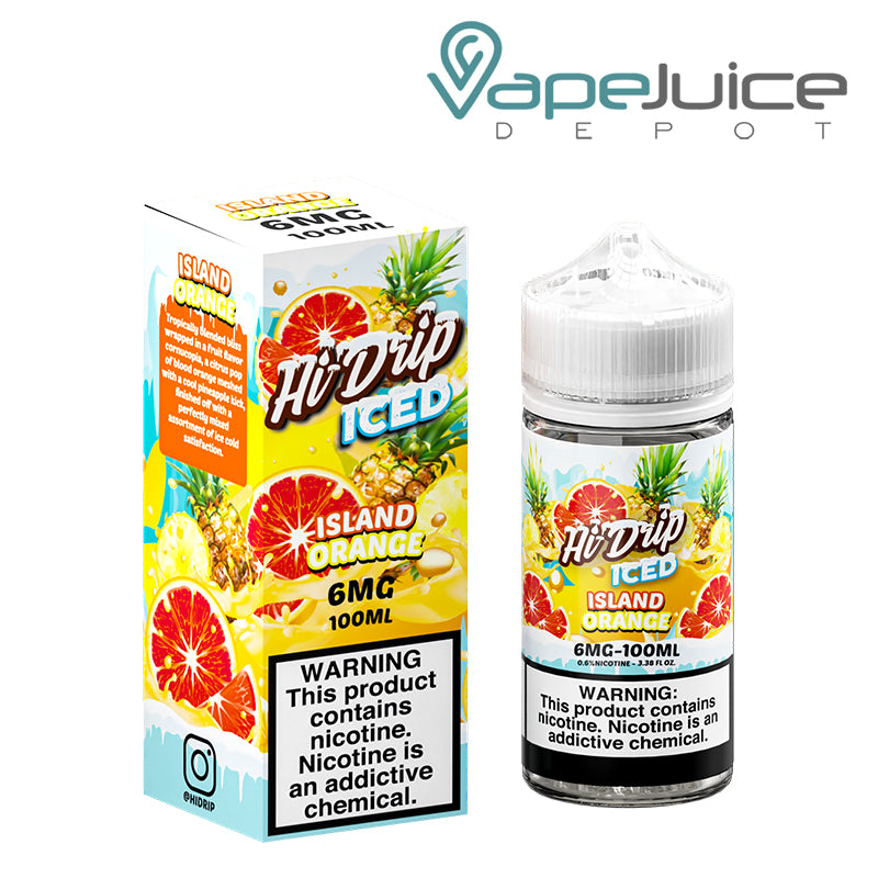 A box of ICED Island Orange Hi-Drip eLiquid 6mg and a 100ml bottle with a warning sign next to it - Vape Juice Depot