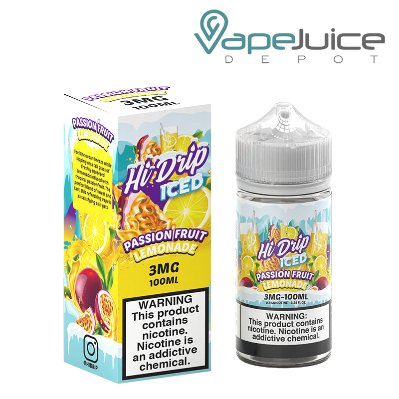 A Box of Passion Fruit Lemonade Iced Hi Drip eLiquid 3mg with a warning sign and a 100ml bottle with a warning sign next to it - Vape Juice Depot