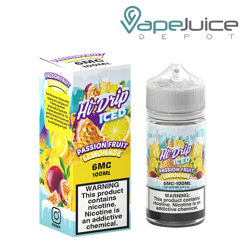A Box of Passion Fruit Lemonade Iced Hi Drip eLiquid 6mg with a warning sign and a 100ml bottle with a warning sign next to it - Vape Juice Depot