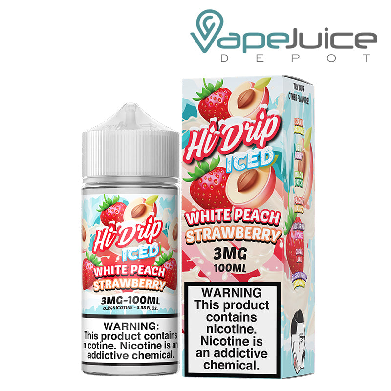A 100ml bottle of White Peach Strawberry Iced Hi-Drip eLiquid 3mg and a box with a warning sign next to it - Vape Juice Depot