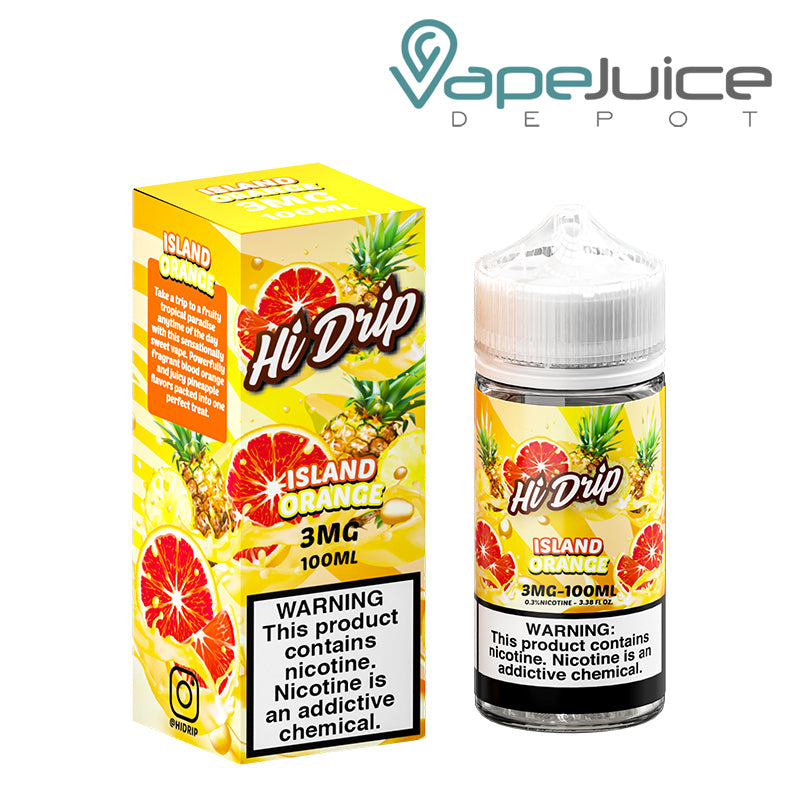 A box of 3mg Island Orange Hi-Drip eLiquid with a warning sign and a 100ml bottle next to it - Vape Juice Depot
