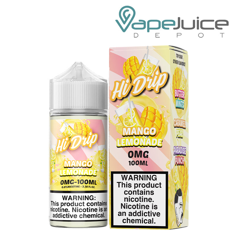 A 100ml bottle of Mango Lemonade Hi Drip eLiquid and a box 0mg with a warning sign next to it - Vape Juice Depot