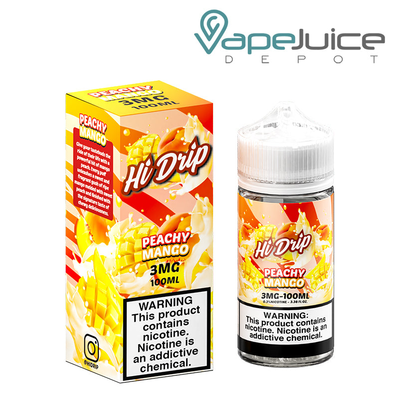 A box of 3mg Peachy Mango Hi-Drip eLiquid and a 100ml bottle with a warning sign next to it - Vape Juice Depot