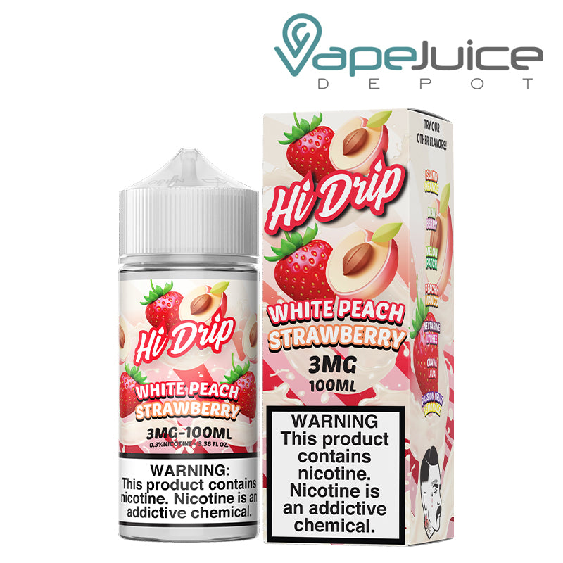 A 100ml bottle of 3mg White Peach Strawberry Hi-Drip eLiquid and a box with a warning sign next to it - Vape Juice Depot