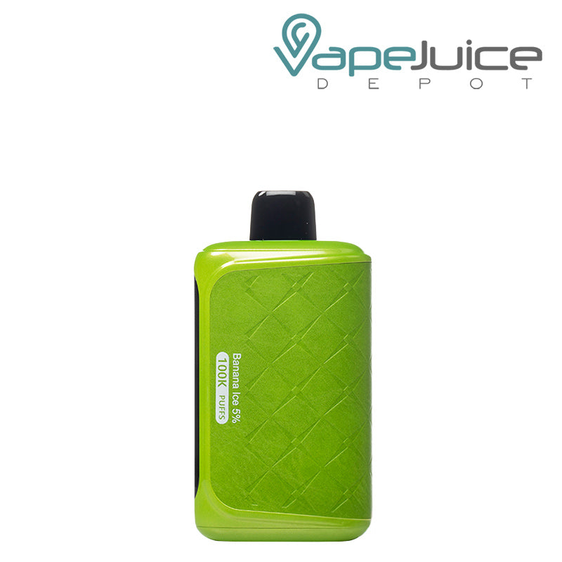 A Box of Banana Ice Horizontech 100K Puff Disposable with a warning sign and a disposable with display screen next to it - Vape Juice Depot