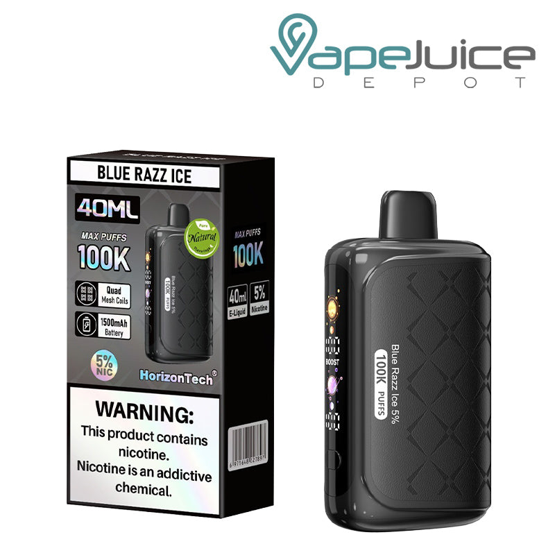 A Box of Blue Razz Ice Horizontech 100K Puff Disposable with a warning sign and a disposable with display screen next to it - Vape Juice Depot