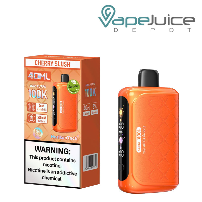 A Box of Cherry Slush Horizontech 100K Puff Disposable with a warning sign and a disposable with display screen next to it - Vape Juice Depot