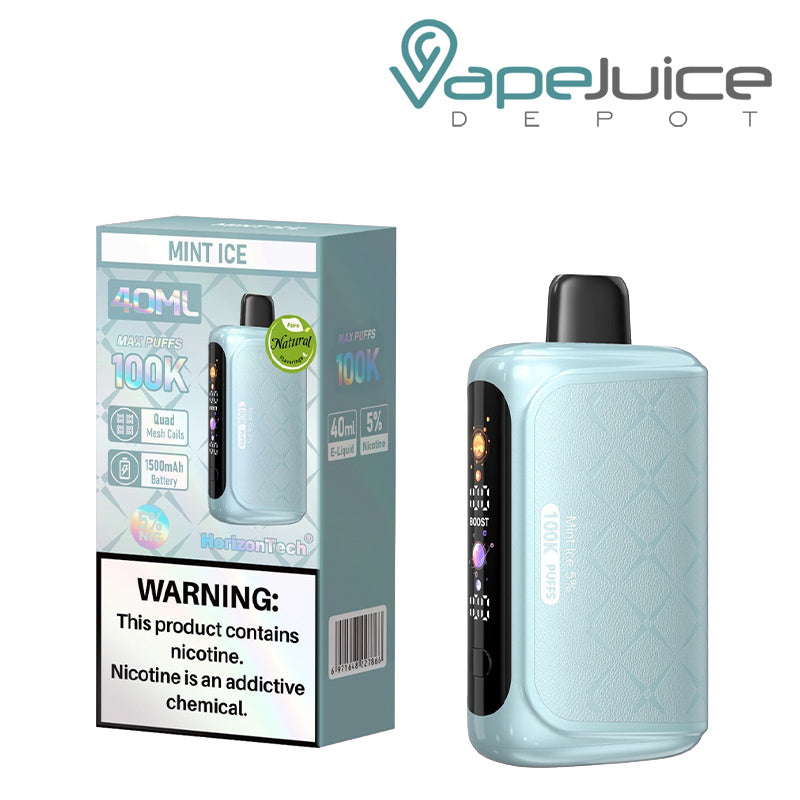 A Box of Mint Ice Horizontech 100K Puff Disposable with a warning sign and a disposable with display screen next to it - Vape Juice Depot