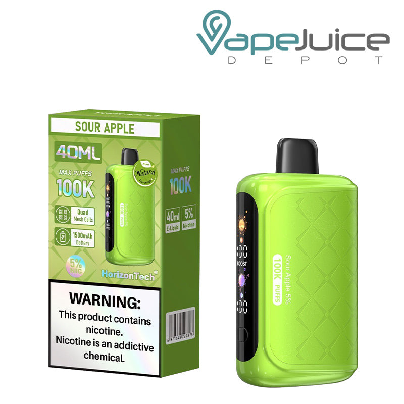 A Box of Sour Apple Horizontech 100K Puff Disposable with a warning sign and a disposable with display screen next to it - Vape Juice Depot