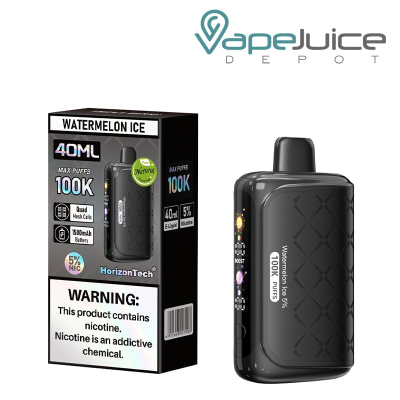A Box of Watermelon Ice Horizontech 100K Puff Disposable with a warning sign and a disposable with display screen next to it - Vape Juice Depot