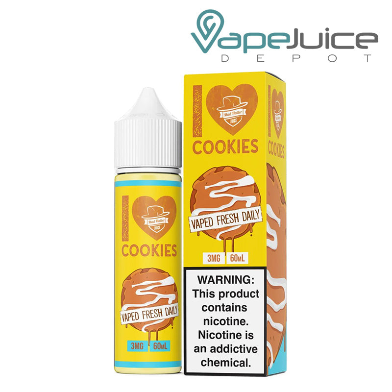 A 60ml bottle of I Love Cookies Mad Hatter and a box with a warning sign next to it - Vape Juice Depot