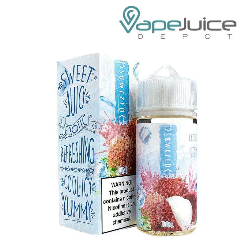 A box of ICE Lychee Skwezed eLiquid with a warning sign and a 100ml bottle next to it - Vape Juice Depot